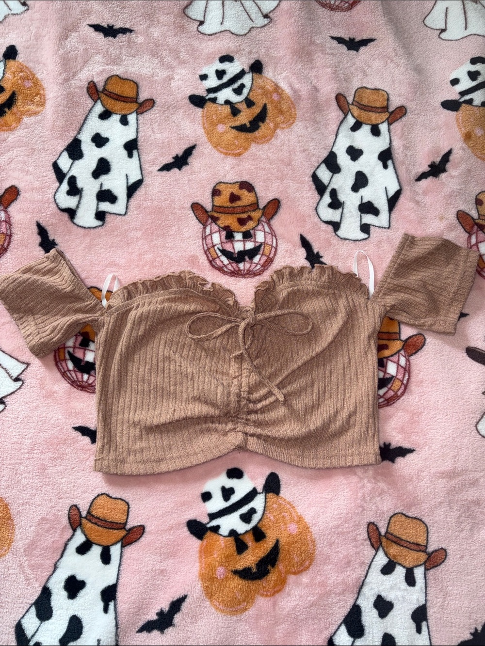 Cute light brown ribbed off-the-shoulder crop top from SHEIN